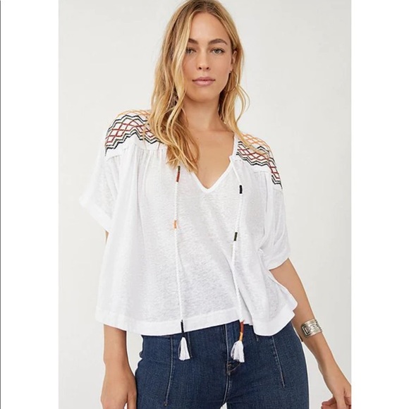 Free People Tops - NWT Free People Market Embroidery Trim Tassel Tie V-Neck Dolman Sleeve Tee Med